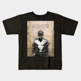 Mahatma Gandhi: I Will Not Let Anyone Walk Through My Mind With Their Dirty Feet  on a Dark Background Kids T-Shirt